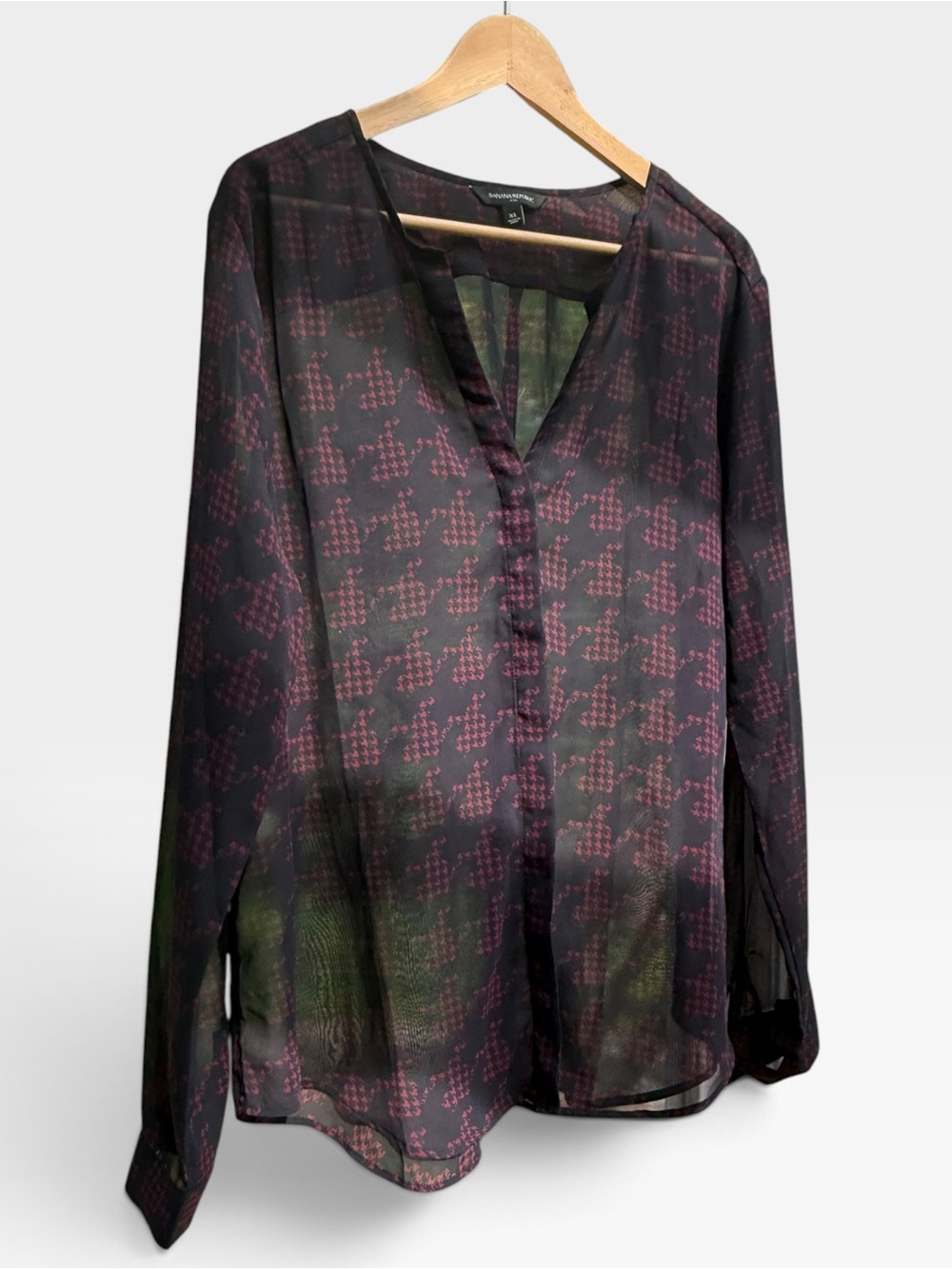 Banana Republic Sheer Black Burgundy Houndstooth Print Blouse XL